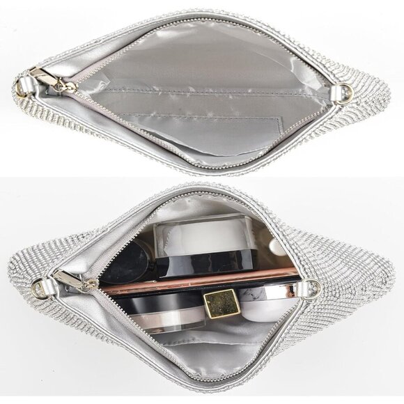 Women Silver Shoulder Imported Bling Rhinestone Evening Cocktail Chain Clutch - Picture 3 of 7